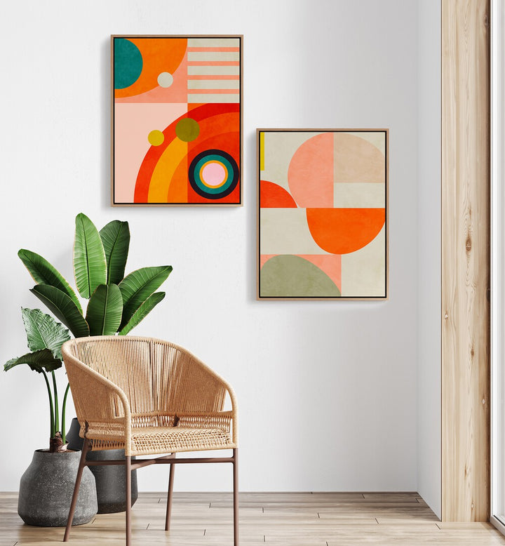 Brighten your space with SHAPES OF ABSTRACT, SET OF 2 PAINTINGS featuring vibrant colors and geometric designs.