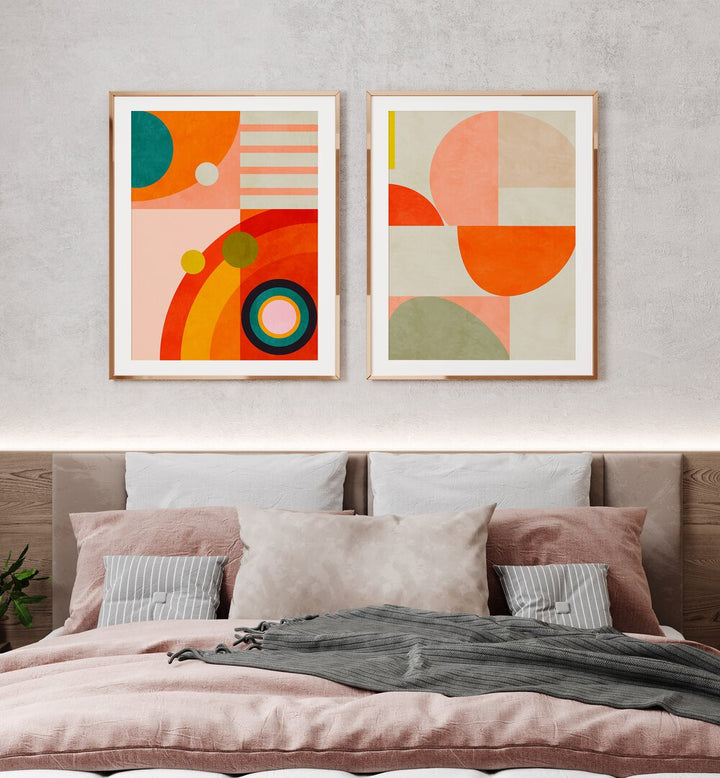 Vibrant SHAPES OF ABSTRACT, SET OF 2 PAINTINGS enhancing a cozy bedroom with geometric artistry and color.