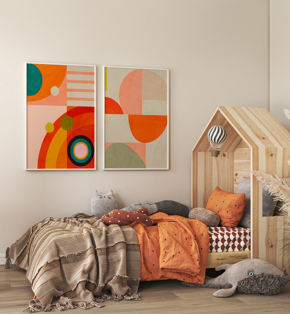 Brighten your space with SHAPES OF ABSTRACT, SET OF 2 PAINTINGS featuring vibrant colors and geometric designs.