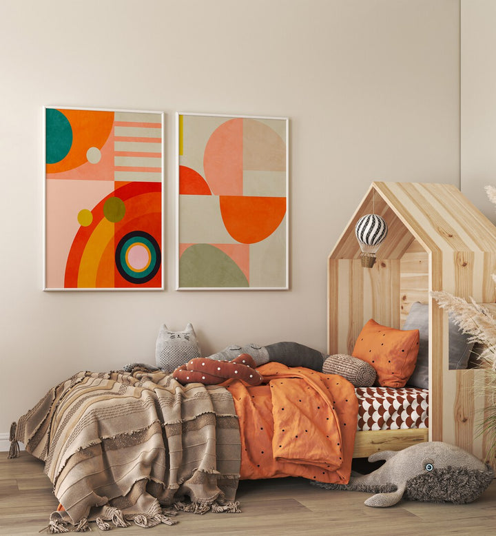 Brighten your space with SHAPES OF ABSTRACT, SET OF 2 PAINTINGS featuring vibrant colors and geometric designs.