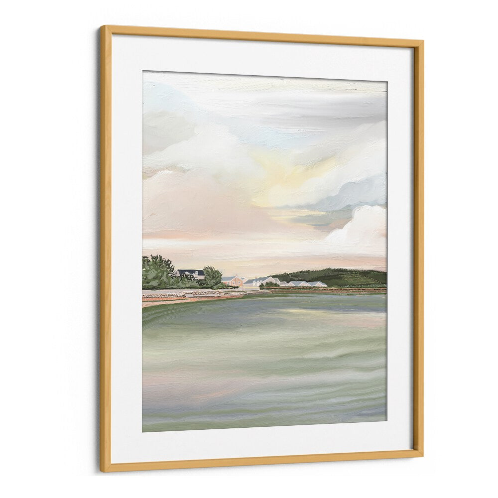 "SHE IS RISING, LANDSCAPE PAINTINGS" framed artwork showcases serene nature in soft colors, perfect for your home.