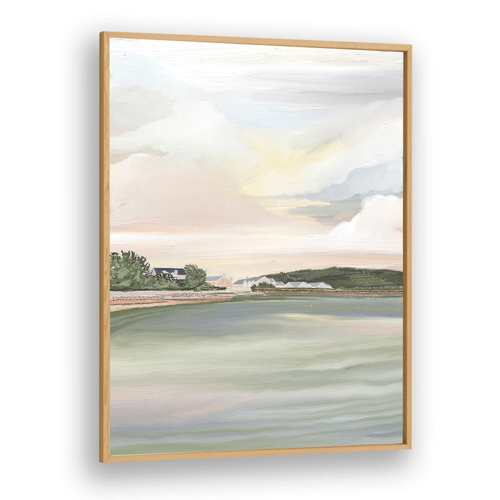 "SHE IS RISING, LANDSCAPE PAINTINGS" beautifully framed in oak, showcasing serene nature's beauty. Perfect for your decor.