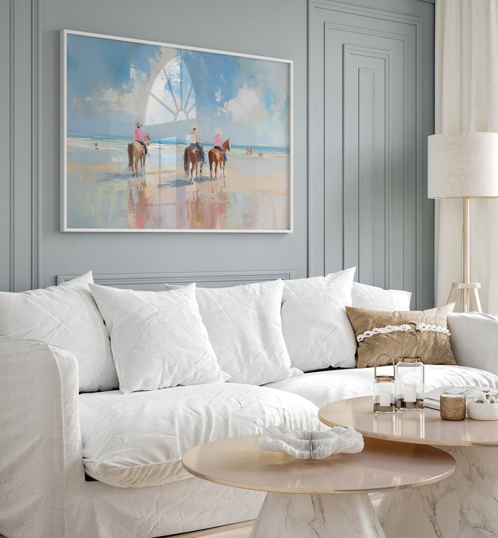 Vibrant artwork "SHORELINE STROLL II" enhances your space with lively coastal energy and electric hues.