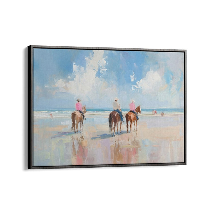 SHORELINE STROLL II, VIBRANT art print depicting riders on the beach, enhancing any coastal decor.