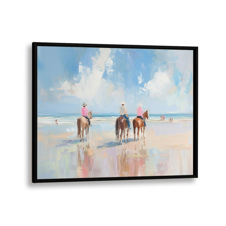 Vibrant artwork "SHORELINE STROLL II, VIBRANT" showcases joyful beach riders in a stunning electric style.