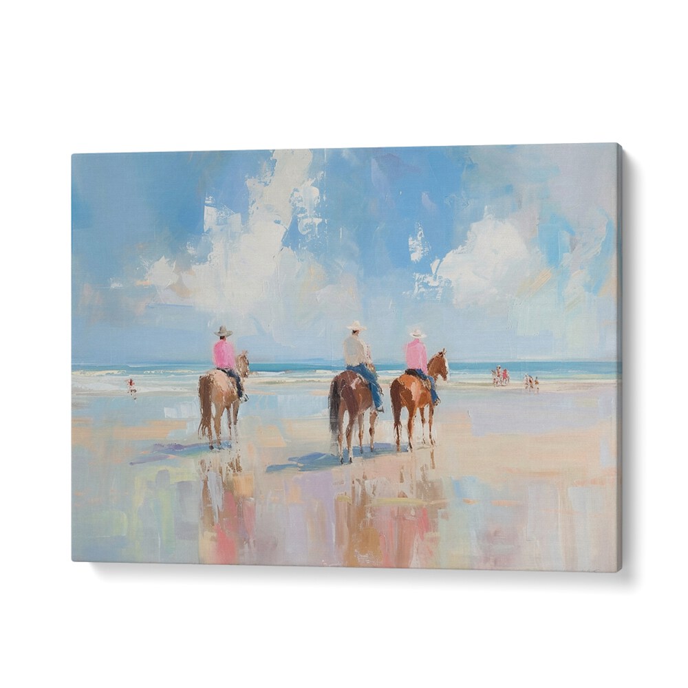 SHORELINE STROLL II, VIBRANT art print featuring colorful beach scene with riders, perfect for coastal decor.
