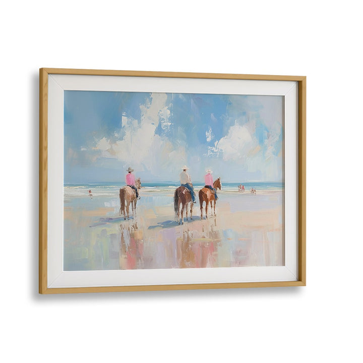 Vibrant depiction of riders on the beach in SHORELINE STROLL II, VIBRANT electric art print, perfect for any space.