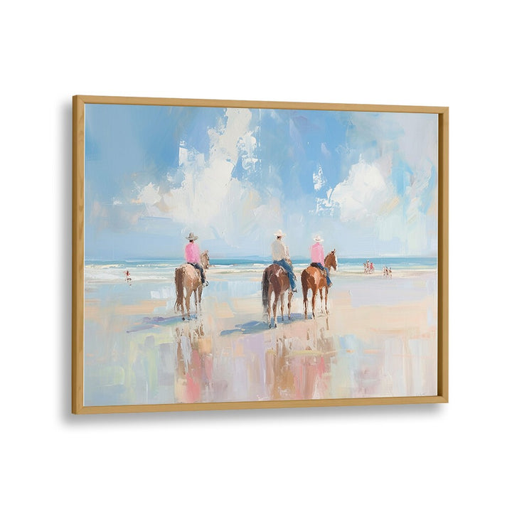 Vibrant SHORELINE STROLL II art print framed in oak, showcasing a lively beach scene with horseback riders.