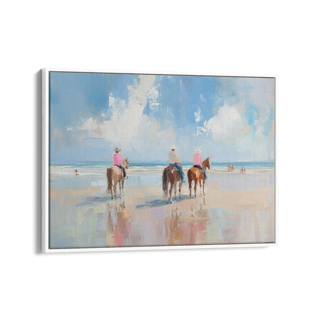 Vibrant beach scene featuring horseback riders, perfect for adding energy with SHORELINE STROLL II, VIBRANT art print.