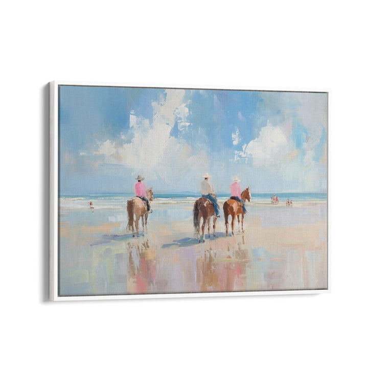 Vibrant beach scene featuring horseback riders, perfect for adding energy with SHORELINE STROLL II, VIBRANT art print.