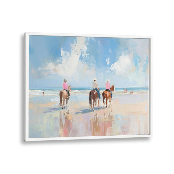 Vibrant coastal scene featuring horseback riders, showcasing SHORELINE STROLL II, VIBRANT art print in a sleek frame.