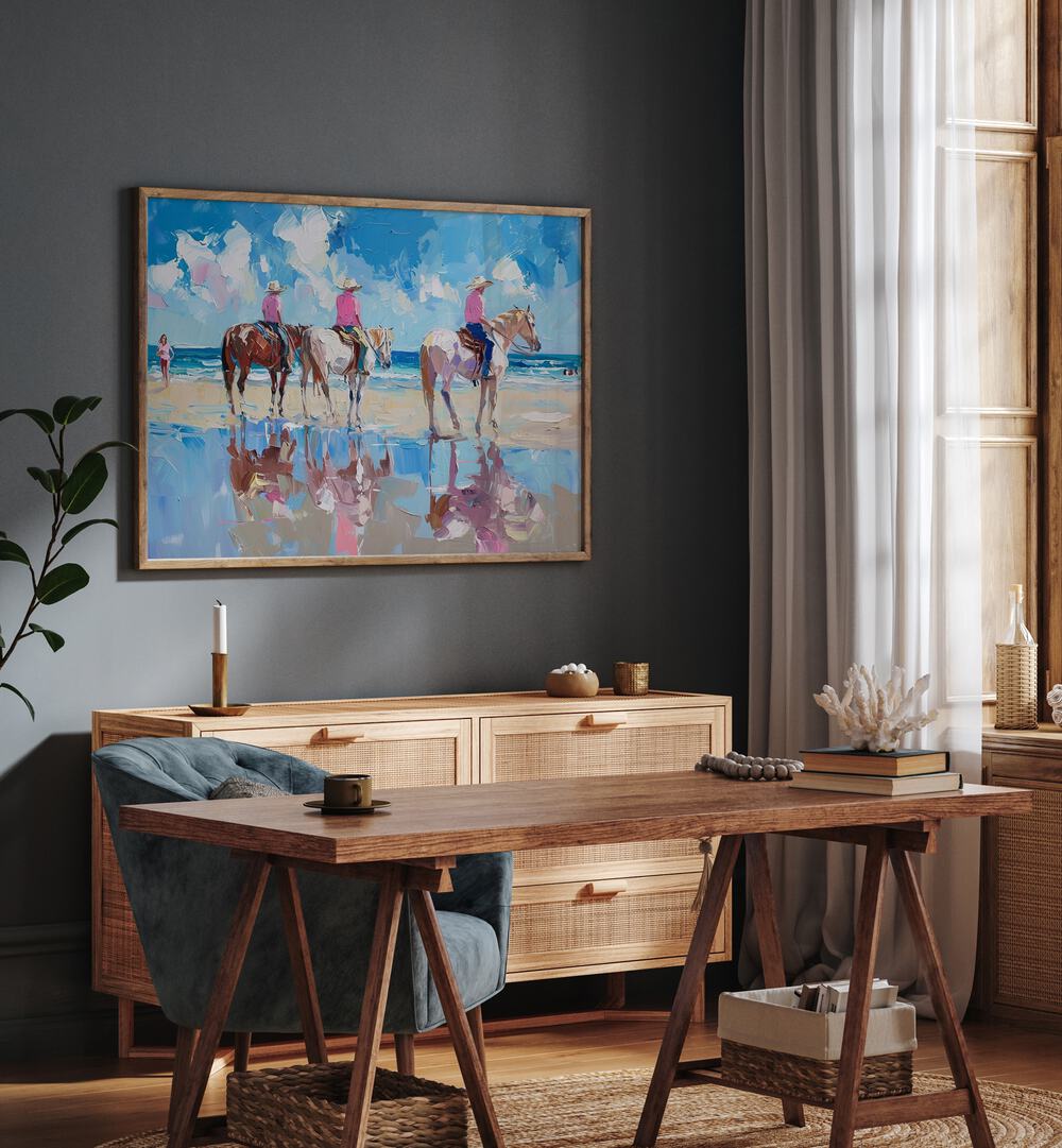 Vibrant coastal scene featuring "SHORELINE STROLL III," perfect for elevating your space with electric art prints.