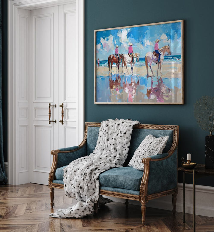 Vibrant coastal scene featuring "SHORELINE STROLL III," perfect for enhancing any space with electric art prints.