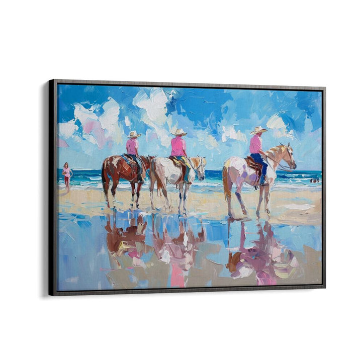 SHORELINE STROLL III, VIBRANT art print showcases a lively coastal scene with horses and vibrant reflections.