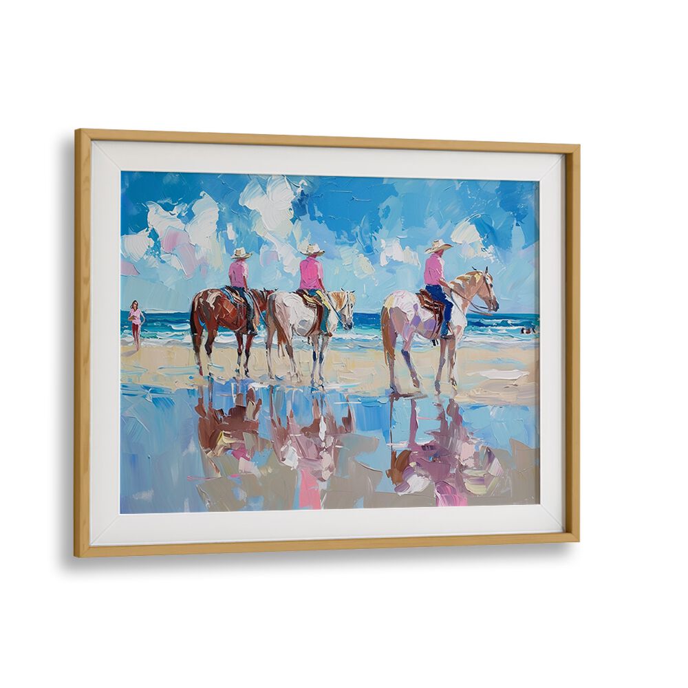 Vibrant beach scene featuring horses and riders in "SHORELINE STROLL III, VIBRANT" art print for coastal decor.
