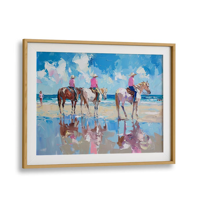 Vibrant beach scene featuring horses and riders in "SHORELINE STROLL III, VIBRANT" art print for coastal decor.