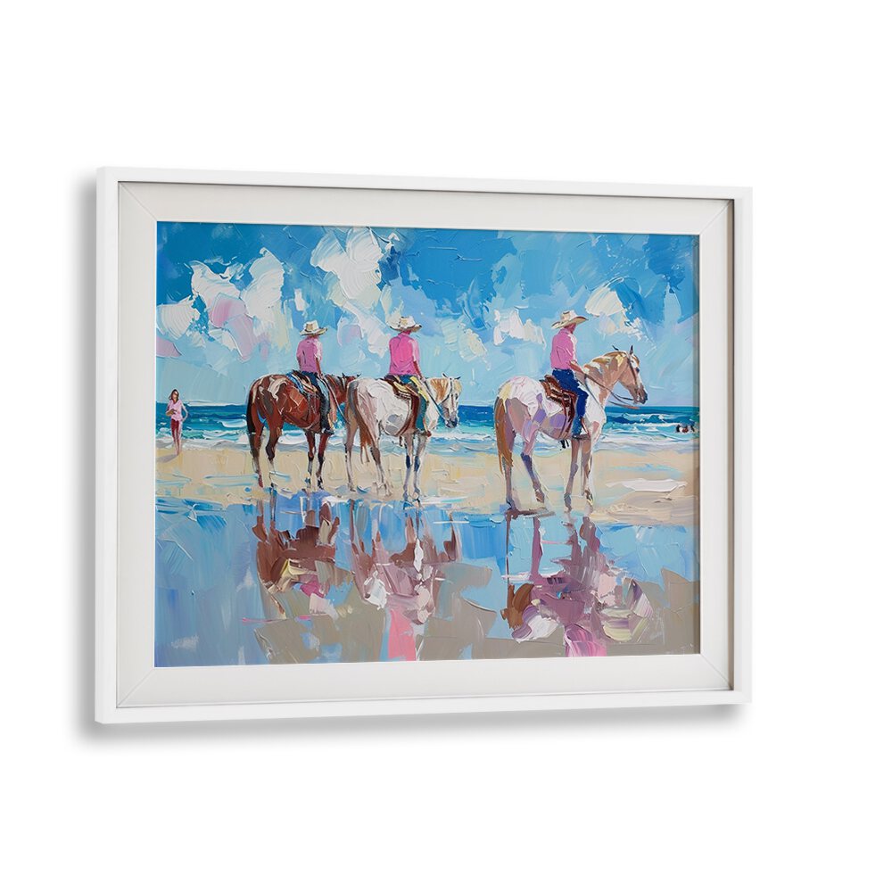 Vibrant coastal scene featuring "Shoreline Stroll III," an electric art print in a stylish white frame.