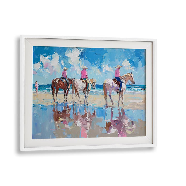 Vibrant coastal scene featuring "Shoreline Stroll III," an electric art print in a stylish white frame.
