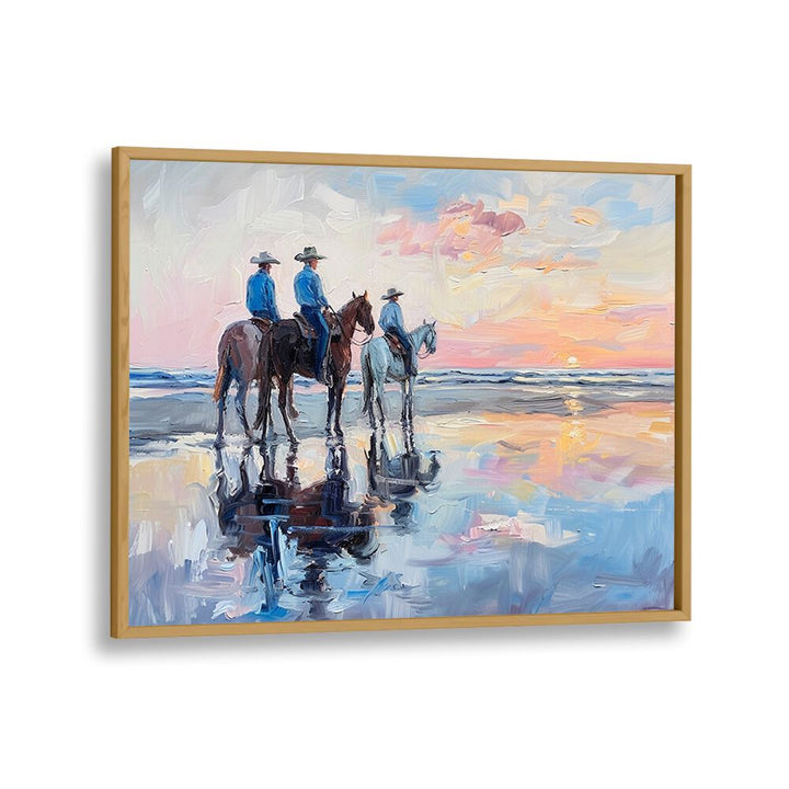Vibrant SHORELINE STROLL IV electric wall art print features serene beach riders, perfect for coastal elegance.