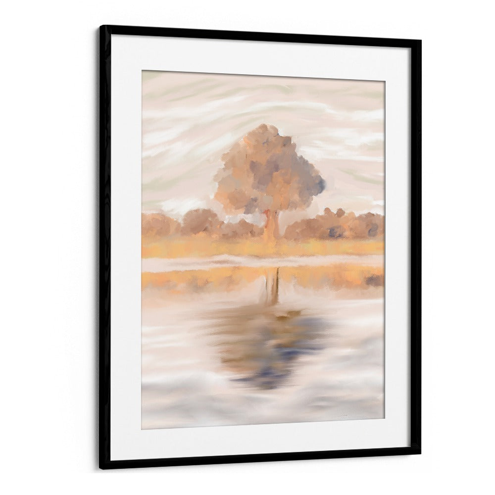 SOVEREIGN REFLECTIONS, LANDSCAPE PAINTINGS capture the serene beauty of the Jackalberry Tree in a stylish black frame.