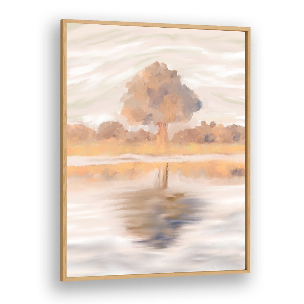 Stunning SOVEREIGN REFLECTIONS, LANDSCAPE PAINTINGS featuring the serene Jackalberry Tree in an elegant oak frame.