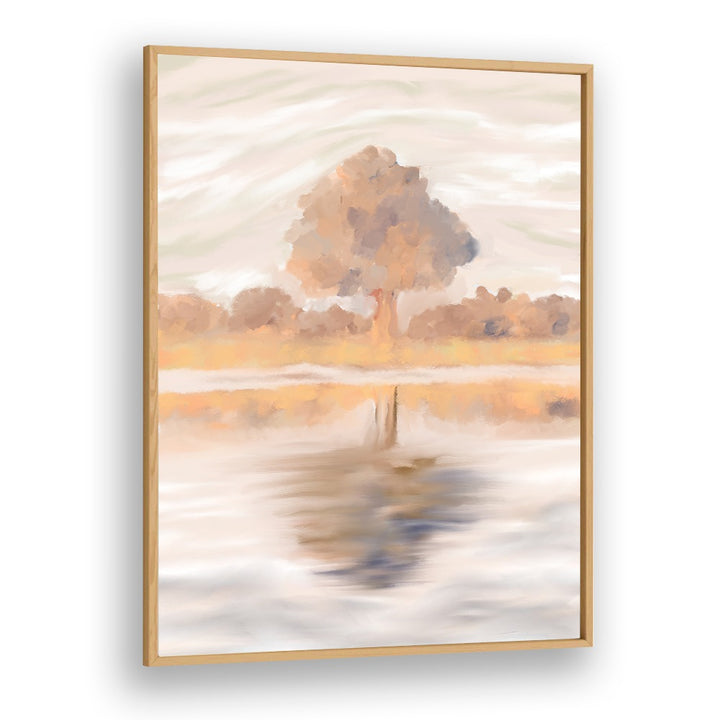 Stunning SOVEREIGN REFLECTIONS, LANDSCAPE PAINTINGS featuring the serene Jackalberry Tree in an elegant oak frame.