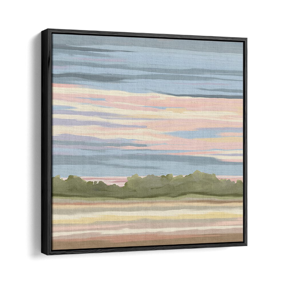STREAKING II, LANDSCAPE PAINTINGS feature vibrant colors in a serene black floater frame, perfect for enhancing any space.