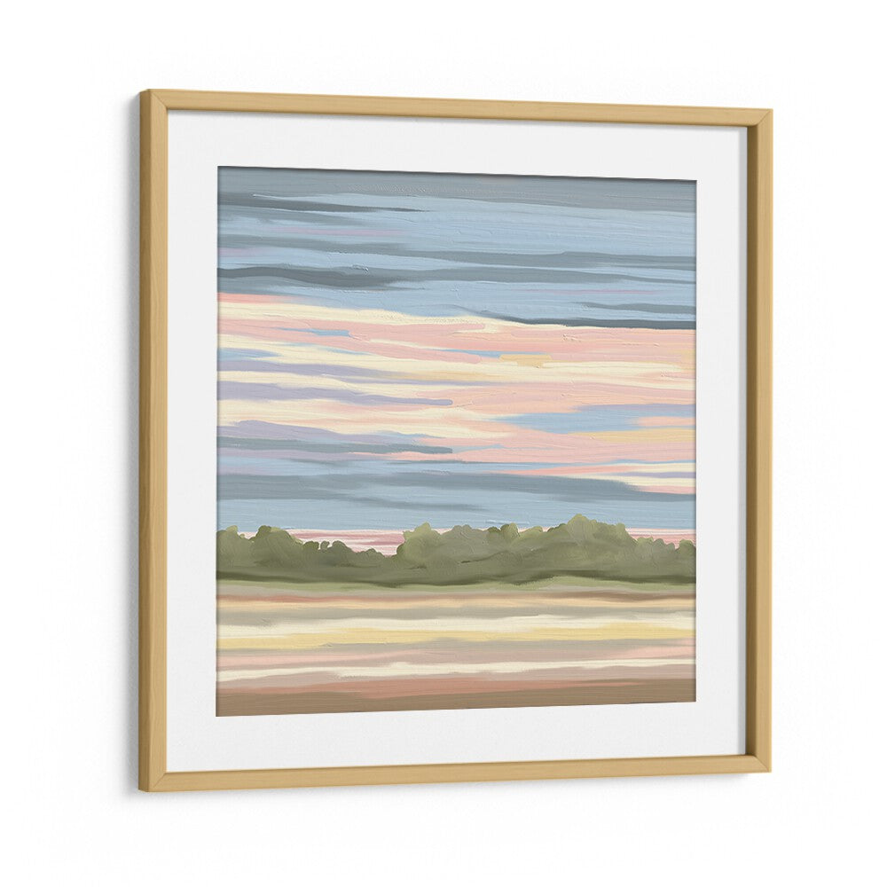 STREAKING II, LANDSCAPE PAINTINGS in an oak frame, showcasing serene colors and nature's beauty for your space.