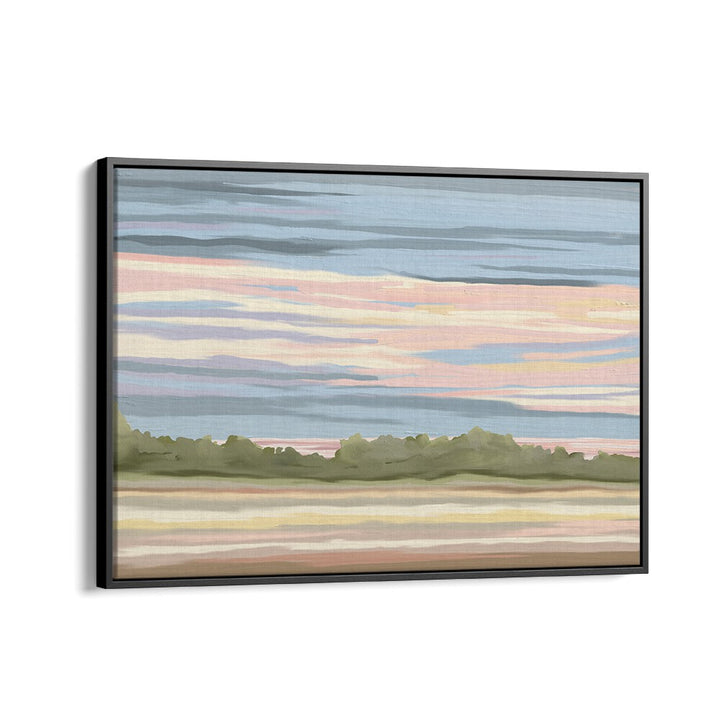 Stunning STREAKING, LANDSCAPE PAINTINGS in a sleek black floater frame, perfect for enhancing any space.