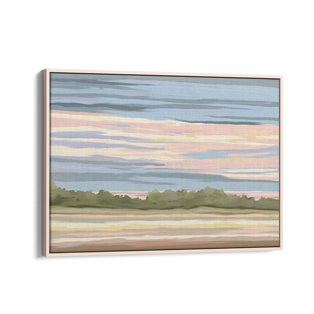 Stunning STREAKING, LANDSCAPE PAINTINGS in an oak wood floater frame, perfect for enhancing any decor style.