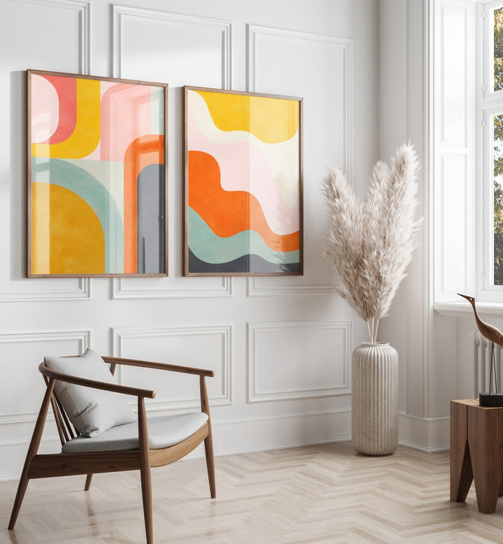 Bright and vibrant SUMMER CIRCLES, SET OF 2 PAINTINGS enhancing modern home decor with abstract designs.