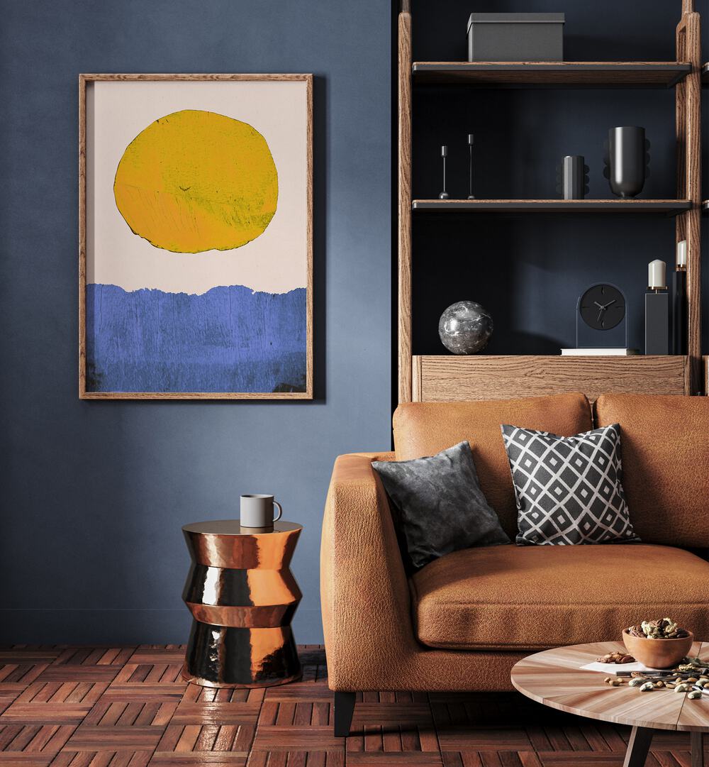 Bright yellow sun over blue horizon in Alisa Galitsyna's SUMMER SUN, LANDSCAPE PAINTINGS, perfect for any space.