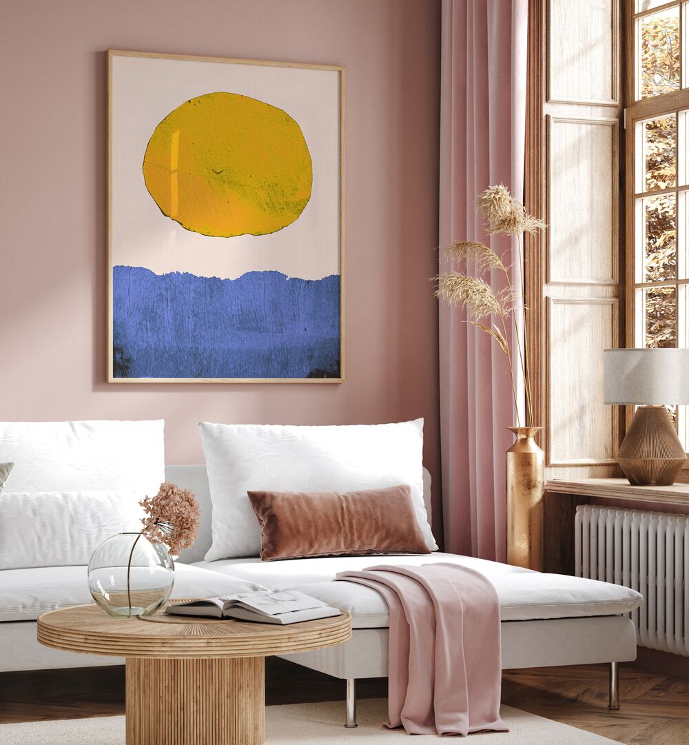 Bright yellow sun over a blue landscape in Alisa Galitsyna's SUMMER SUN, LANDSCAPE PAINTINGS—perfect for any space.