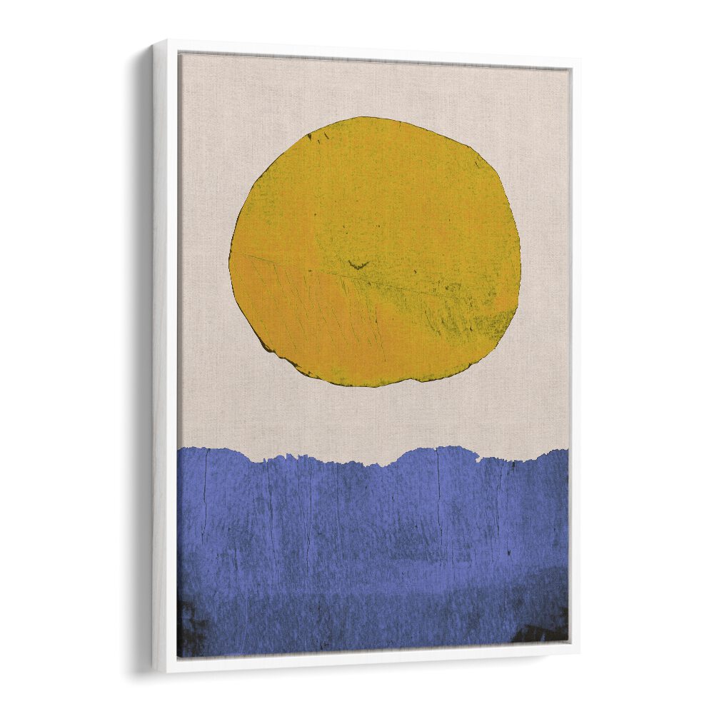 Bright yellow sun over a serene blue landscape in SUMMER SUN, LANDSCAPE PAINTINGS by Alisa Galitsyna. Perfect for your space.