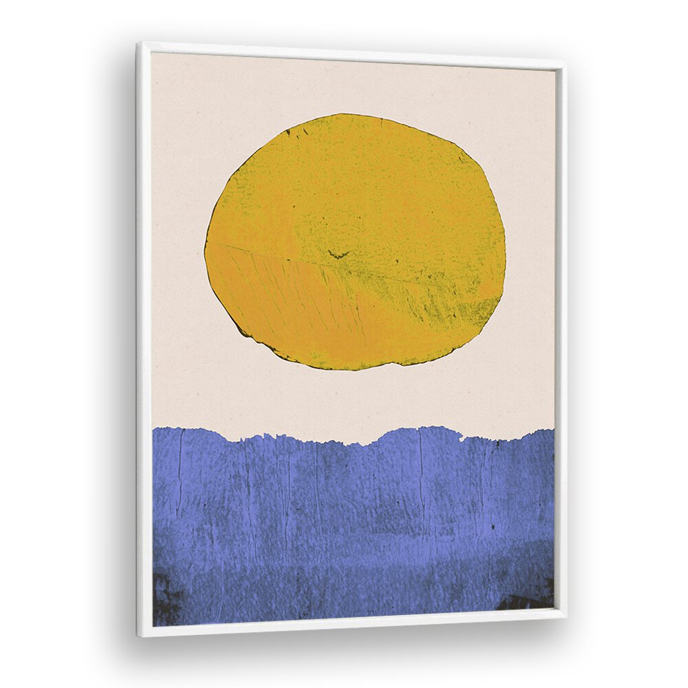 Bright yellow sun above a serene blue landscape, showcasing SUMMER SUN, LANDSCAPE PAINTINGS by Alisa Galitsyna.