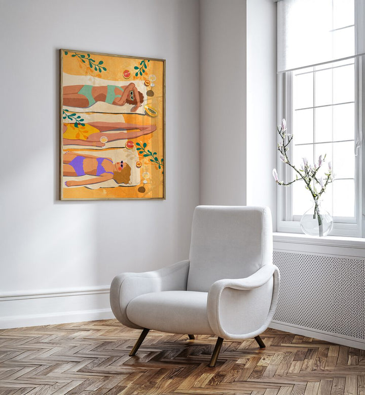 Colorful SUMMER GIRLS, FASHION POSTERS by Raissa Oltmanns brighten up the room with vibrant beach-themed artwork.