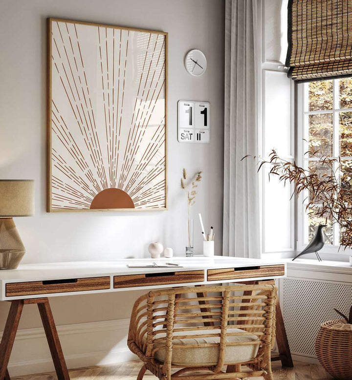 Stunning SUN I, BOHO ART PRINTS by Jay Stanley adorns a stylish workspace, enhancing tranquility and beauty.