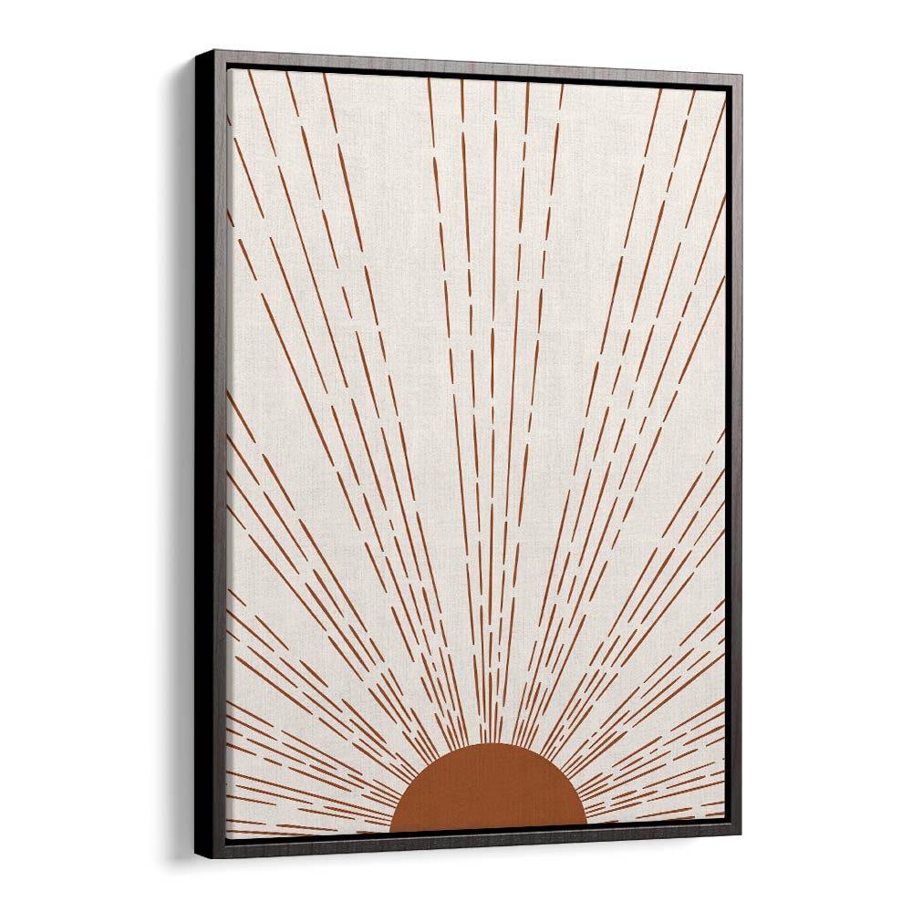 Elegant SUN I, BOHO ART PRINTS by Jay Stanley, featuring a serene sunburst design in a stylish black floater frame.