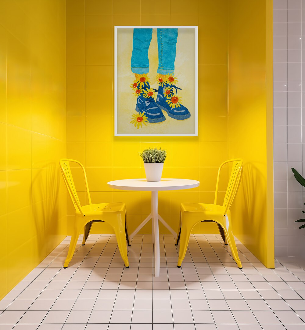 Bright yellow space featuring the SUNFLOWER WALK, FASHION POSTERS, showcasing vibrant art by Raissa Oltmanns.