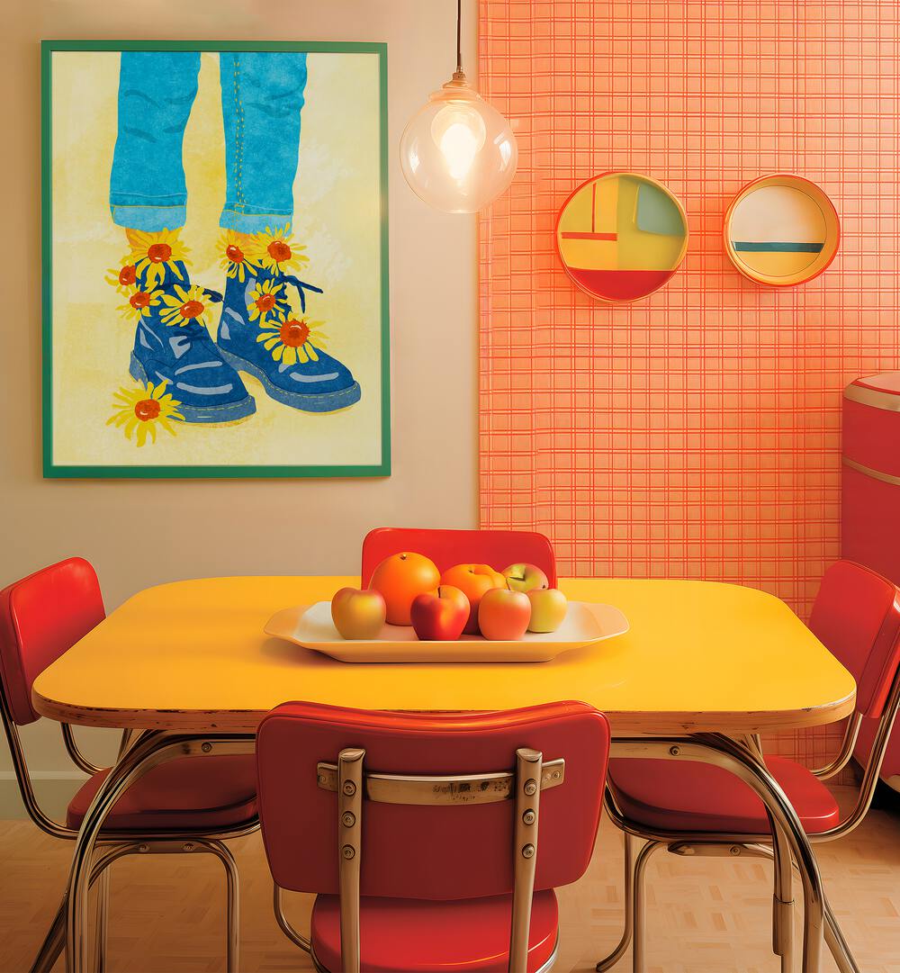 Vibrant SUNFLOWER WALK, FASHION POSTERS adorn a colorful dining space, capturing the essence of lively art.
