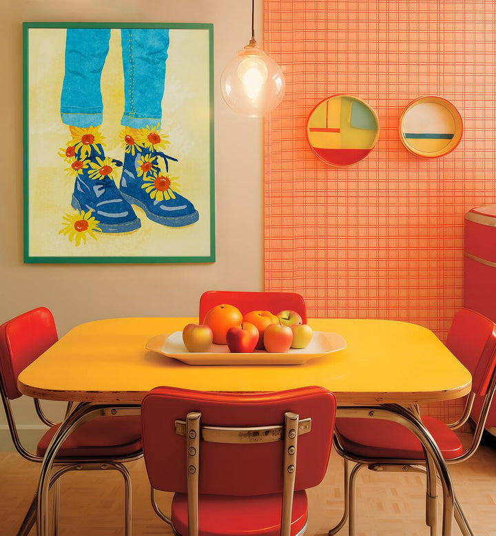 Vibrant SUNFLOWER WALK, FASHION POSTERS adorn a colorful dining space, capturing the essence of lively art.