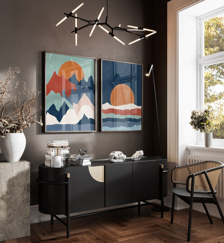 Enhance your decor with the SUNSET ABSTRACT, SET OF 2 PAINTINGS showcasing serene mountain landscapes and vibrant sunsets.