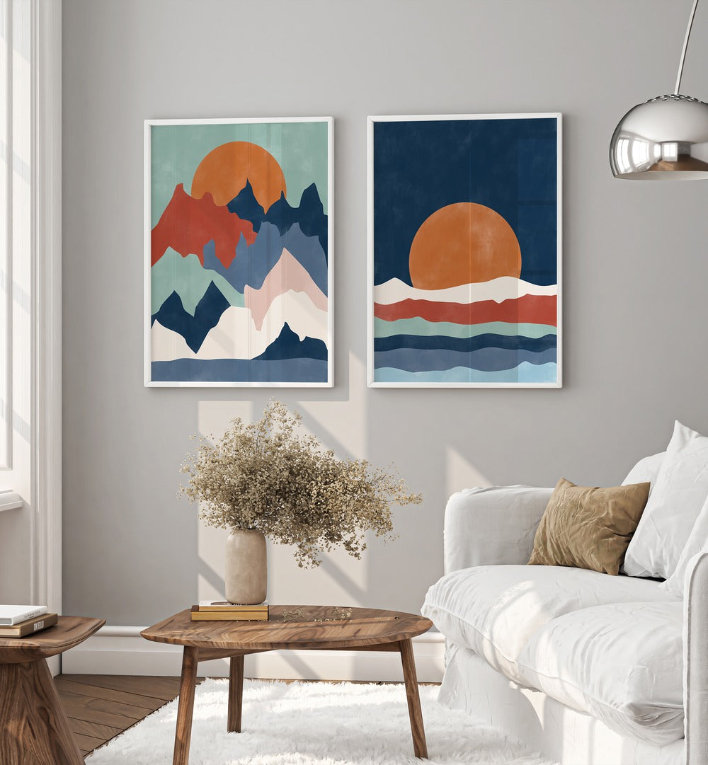 Elevate your decor with the SUNSET ABSTRACT, SET OF 2 PAINTINGS showcasing serene mountain landscapes and sunsets.