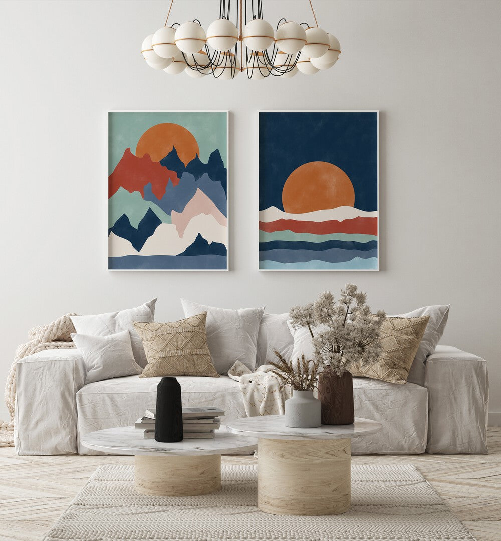 Add a touch of serenity to your home with the SUNSET ABSTRACT, SET OF 2 PAINTINGS featuring stunning mountain landscapes.