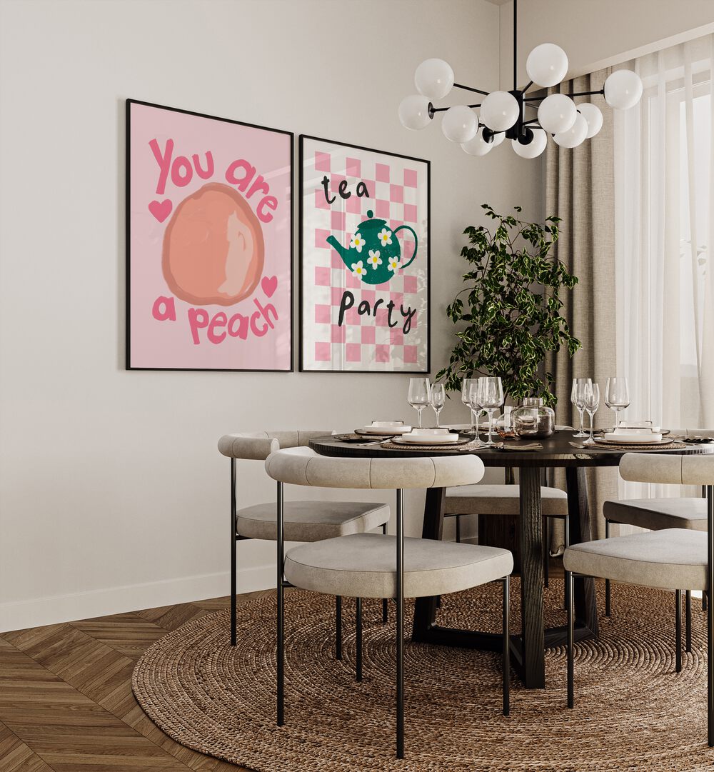 Whimsical TEA PARTY, SET OF 2 PAINTINGS featuring pastel fruit designs, perfect for adding charm to your kitchen decor.