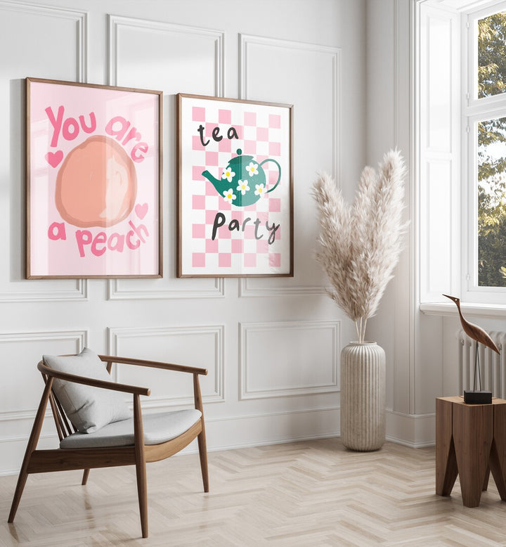 Whimsical TEA PARTY, SET OF 2 PAINTINGS featuring pastel designs of peaches and playful tea elements for a charming decor.