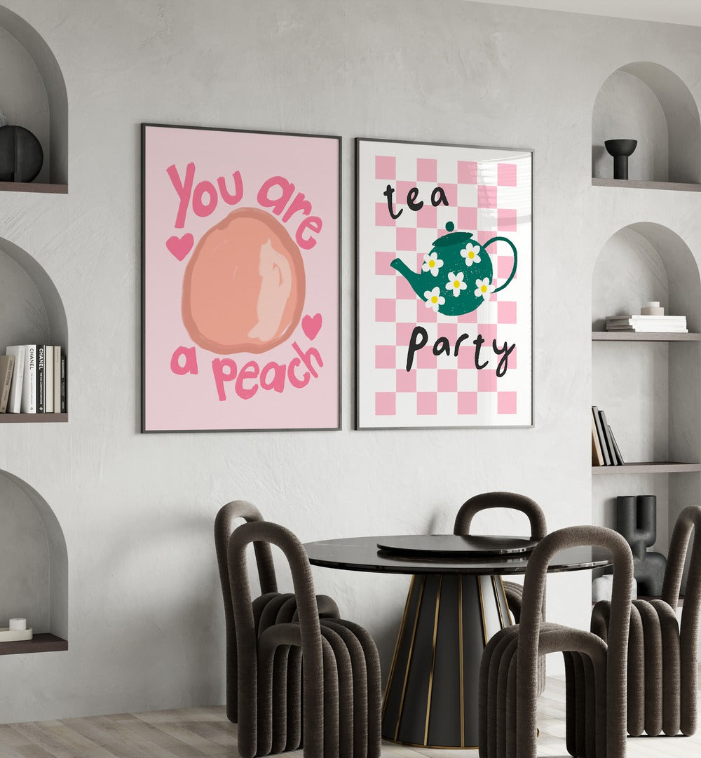 Whimsical TEA PARTY, SET OF 2 PAINTINGS featuring charming pastel fruit designs, perfect for kitchen decor.