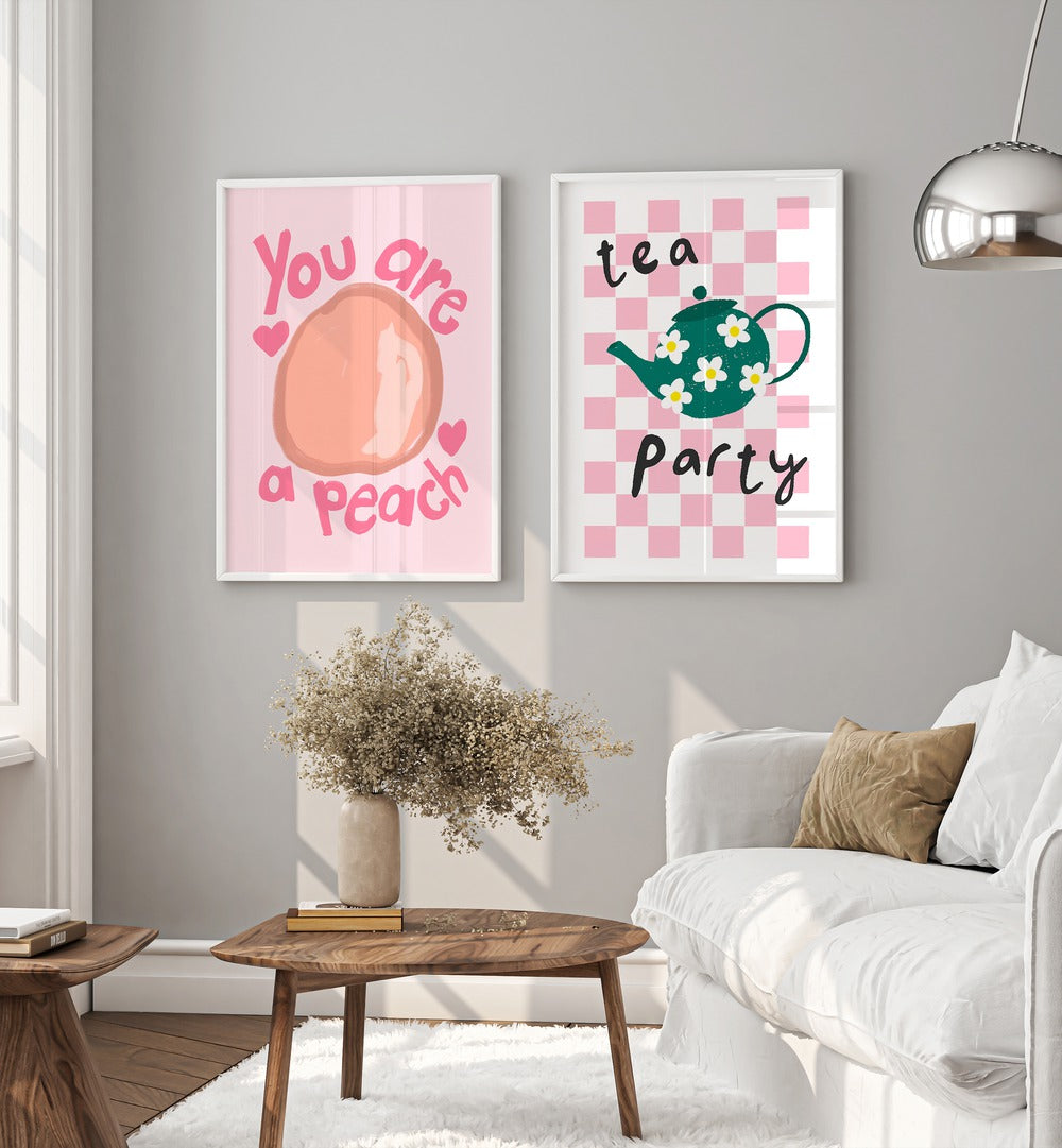 Whimsical TEA PARTY, SET OF 2 PAINTINGS featuring charming pastel designs, perfect for brightening any kitchen.