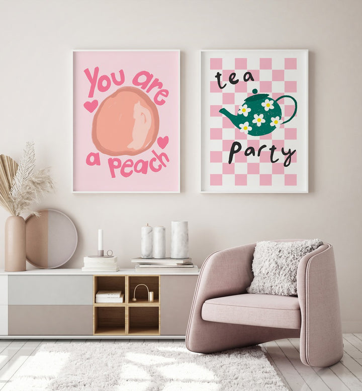 Whimsical TEA PARTY, SET OF 2 PAINTINGS featuring pastel fruit designs, perfect for brightening any kitchen space.