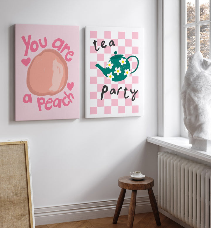 Whimsical TEA PARTY, SET OF 2 PAINTINGS featuring pastel fruit designs, perfect for brightening your kitchen decor.